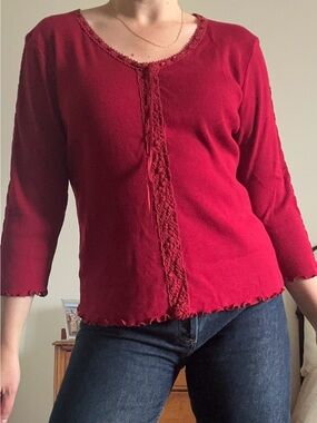 Vintage St. John's Bay Lace-Trim Ribbed 3/4 Sleeve Top
